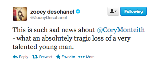 Zooey Deschanel's Reaction to Cory Monteith's Death